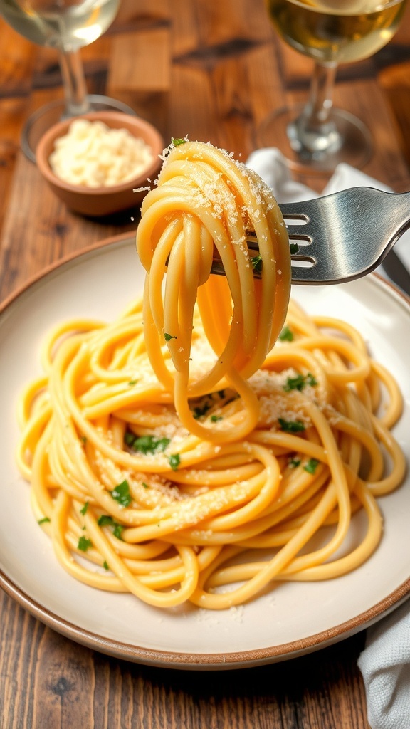 Easy Parmesan Noodles Recipe Creamy Parmesan noodles garnished with parsley on a rustic table.